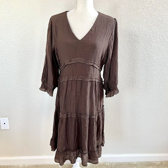 Mikarose The Charlie Large Tiered Midi Dress Brown Prairie V Neck Cottagecore - Picture 2 of 16